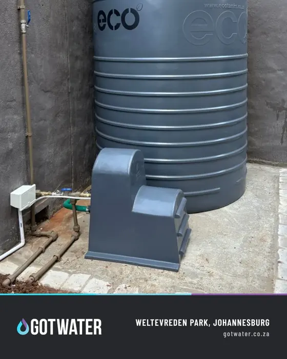 ECO backup water tank with pump and plumbing installed in Weltevreden Park, Johannesburg