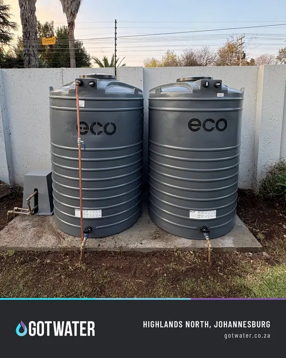 Twin ECO backup water tanks on a concrete base in Highlands North, Johannesburg