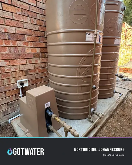 Twin ECO backup water tanks with booster pump and plumbing in Northriding, Johannesburg