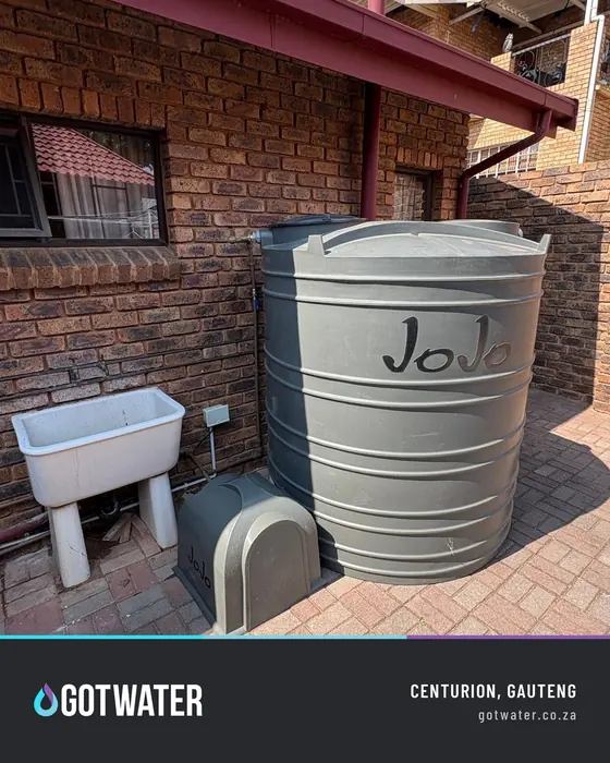JoJo backup water tank with pump cover installed in Centurion, Gauteng
