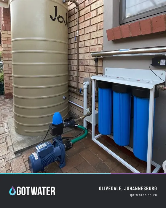 JoJo backup water tank with booster pump and water filtration installed in Olivedale, Johannesburg